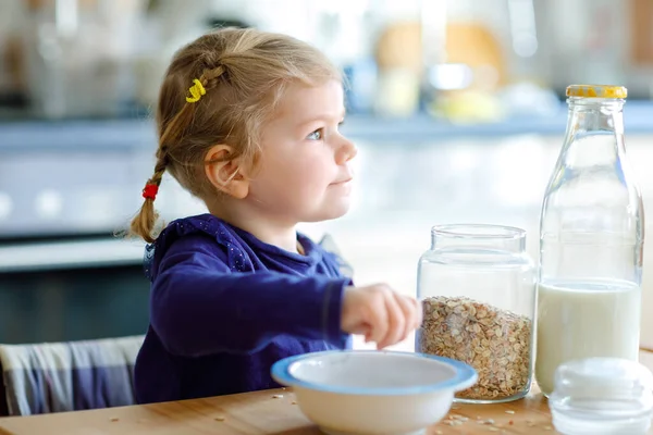 Schattig peutermeisje dat gezonde havermout eet met melk als ontbijt. Schattig gelukkig baby kind in kleurrijke kleren zitten in de keuken en plezier hebben met het bereiden van haver, granen. Binnenshuis thuis — Stockfoto