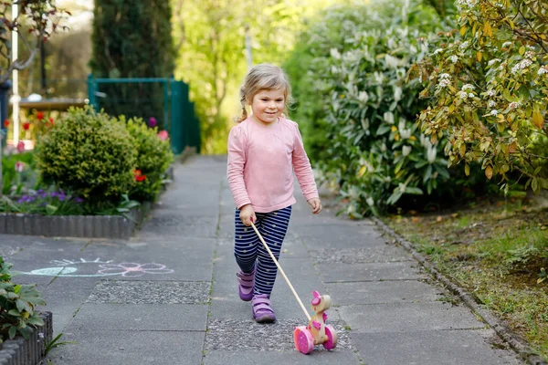 Niñita caminando en el parque el soleado día de primavera. Lindo niño adorable jugando con el animal de juguete de madera empujando sobre ruedas — Foto de Stock