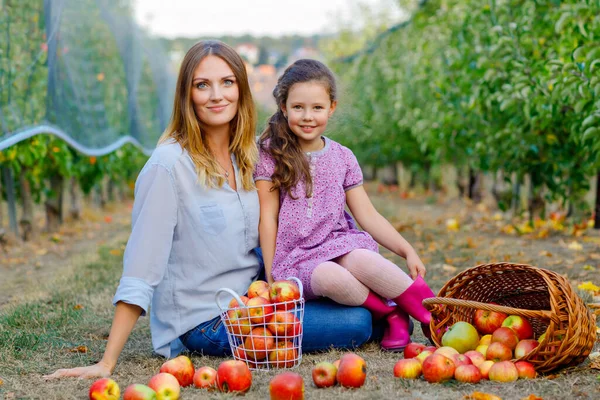 Portrait of little girl and beautiful mother with red apples in organic orchard. Happy woman and kid daughter picking ripe fruits from trees and having fun. Harvest season for family. — Stock Photo, Image