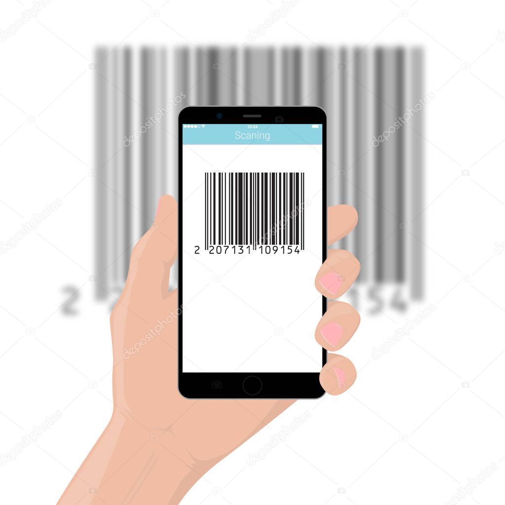 The mobile phone smartphone in hand scans the bar code