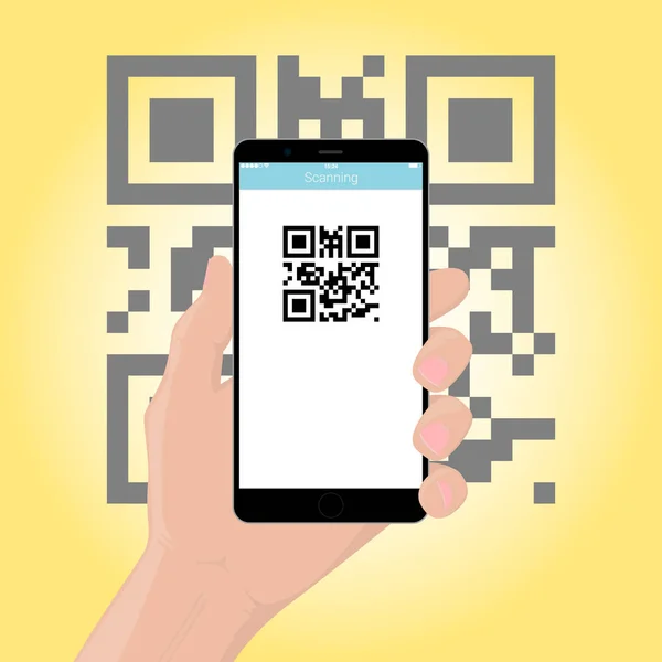 The mobile phone smartphone in hand scans the QR code — Stock Vector