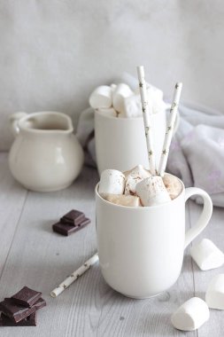 Beyaz fincan sıcak çikolata meşrubatının krema ve tarçın ile. Kış zamanı. Tatil kavramı. Seçici odak