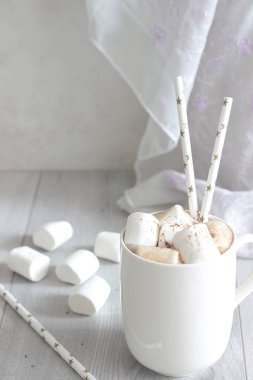 Beyaz fincan sıcak çikolata meşrubatının krema ve tarçın ile. Kış zamanı. Tatil kavramı. Seçici odak