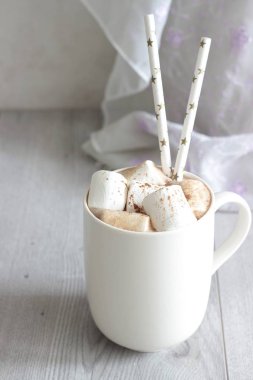 Beyaz fincan sıcak çikolata meşrubatının krema ve tarçın ile. Kış zamanı. Tatil kavramı. Seçici odak