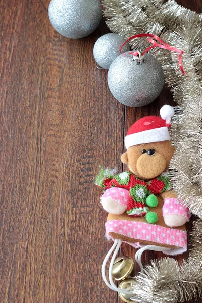 Weihnachts- oder Neujahrsrahmen auf Holzgrund, Draufsicht, Kopierraum. — Stockfoto