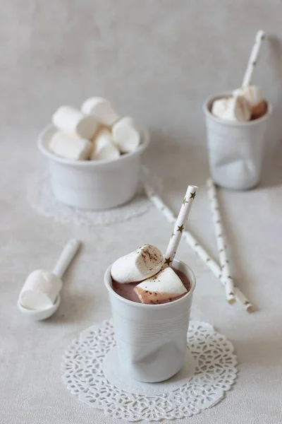 Hot cocoa drink with marshmallows and cinnamon — Stock Photo, Image