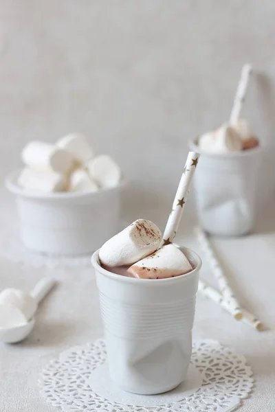 Bebida de cacau quente com marshmallows e canela — Fotografia de Stock