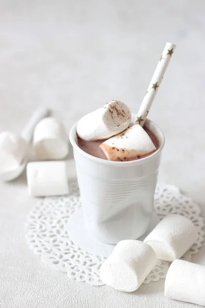 Bebida de cacau quente com marshmallows e canela — Fotografia de Stock