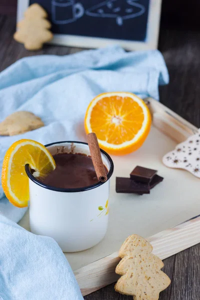 Гарячий Шоколад Або Какао Напій Апельсиновою Корицевою Паличкою Подається Імбирним — стокове фото