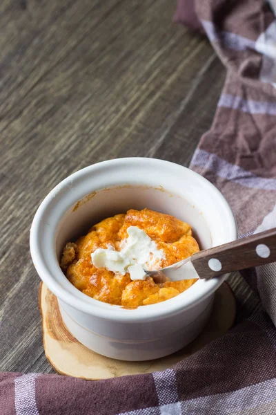 Tomato caserrole (Flan-tomato cake or souffle) with cream cheese.