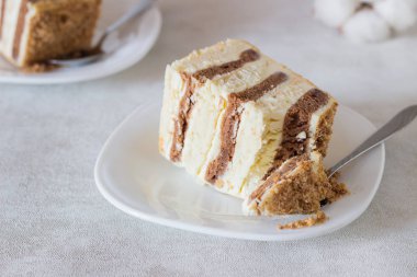 Ekşi krema bir beyaz plaka ve açık renkli çikolata ve beyaz katmanlarla ile şifon pasta dilimi