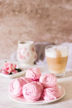 Güzel lezzetli tatlı. Bir beyaz plaka ve pembe çiçek pembe zephyr. Berry zephyr ışık gri arka plan üzerinde. 