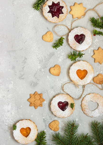 Linzer Christmas New Year Cookies Filled Red Orange Jam Dusted — Stock Photo, Image