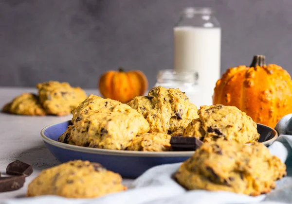 Freshly baked pumpkin cookies with oatmeal and chocolate chips. Healthy snack for breakfast. Fall pumpkin cookies.
