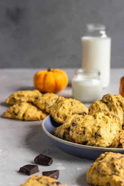 Freshly baked pumpkin cookies with oatmeal and chocolate chips. Healthy snack for breakfast. Fall pumpkin cookies.