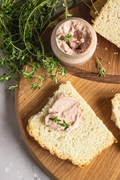 Fresh Homemade Chicken Liver Pate Bread Thyme Wooden Cutting Board — Stock Photo, Image