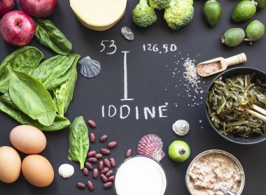 Food is source of iodine. Various food rich in vitamins and micronutrients. Useful food for healthy and balanced diet. Top view, flat lay. clipart