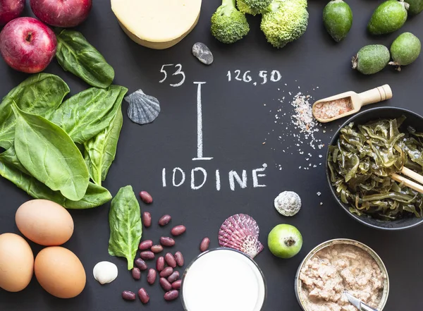 Yemek Iyot Kaynağıdır Vitamin Mikro Besin Bakımından Zengin Çeşitli Yiyecekler — Stok fotoğraf