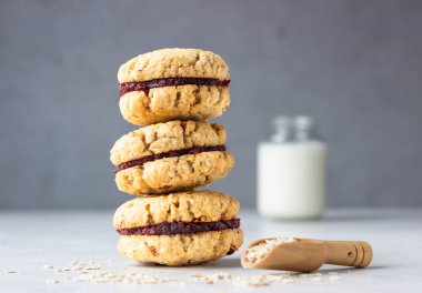 Kurutulmuş kızılcık ve portakal dolgulu vejetaryen yulaflı sandviç kurabiyeleri, seçici odaklanma. Çocuklar için sağlıklı kahvaltı ya da atıştırmalık.