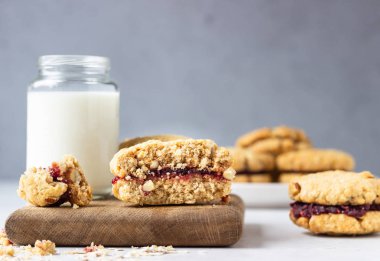 Kurutulmuş kızılcık ve portakal dolgulu vejetaryen yulaflı sandviç kurabiyeleri, seçici odaklanma. Çocuklar için sağlıklı kahvaltı ya da atıştırmalık.