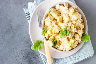 Yumurtalı, elmalı ve daikonlu sağlıklı tavuk salatası. Keto diyeti. 