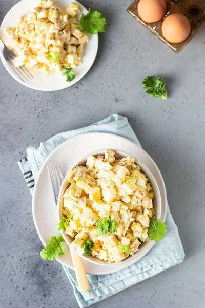 Healthy chicken salad with egg, apple and daikon. Keto diet.