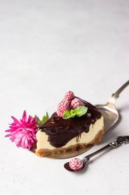 Çikolata kaplı, ahududu ve naneli klasik New York usulü nefis bir cheesecake. Sevgililer Günü konsepti.