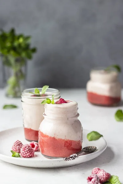 Framboesa Camadas Saudável Smoothie Iogurte Coquetel Frasco Pedreiro Com Frutas — Fotografia de Stock