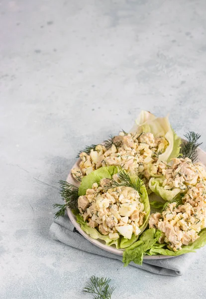 Tintenfischsalat Mit Reis Zwiebeln Und Dill Serviert Mit Grünen Salatblättern — Stockfoto