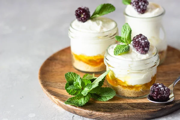 Ev yapımı tatlı yok (cheesecake, trifle, mousse) portakal ya da şeftali reçeli ile donmuş böğürtlen ve nane ile servis edilir. Açık gri taş arkaplan, boşluğu kopyala.