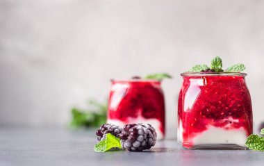 Sağlıklı katmanlı böğürtlen ve yoğurt karışımı dolu cam kavanozlar. Böğürtlenli, böğürtlenli ve yoğurtlu meyve püresi. Refah ve kilo verme kavramı. Seçici odak, tonlu resim.