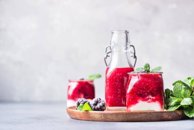 Sağlıklı katmanlı böğürtlen ve yoğurt karışımı dolu cam kavanozlar. Böğürtlenli, böğürtlenli ve yoğurtlu meyve püresi. Refah ve kilo verme kavramı. Seçici odak, tonlu resim.