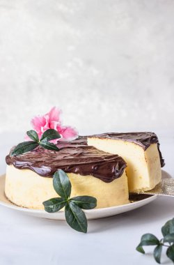 Seramik tabakta çikolata jöleli Japon pamuklu sufle peynirli keki. Açık gri arkaplan.