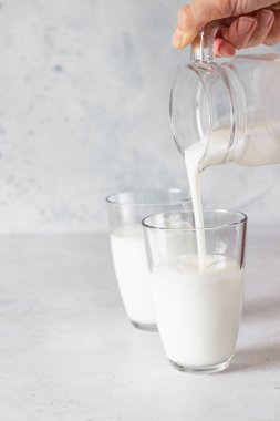Ev yapımı kefir döküyorum. Organik probiyotik kefir içeceği ya da gözlüklü yoğurt. Probiyotik soğuk mayalanmış süt içeceği. Moda yemek ve içecek.. 