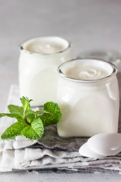 Dos Porciones Yogur Orgánico Casero Natural Frascos Vidrio Con Menta —  Fotos de Stock