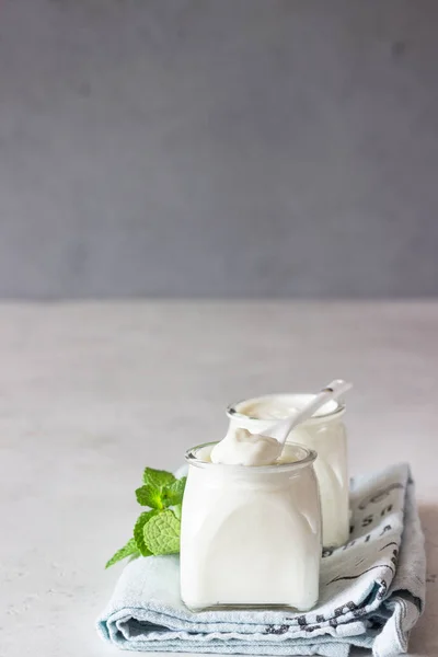 Dos Porciones Yogur Orgánico Casero Natural Frascos Vidrio Con Menta —  Fotos de Stock