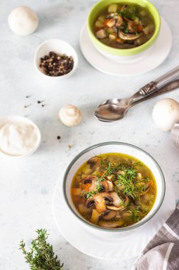 Ev yapımı vejetaryen mantar çorbası. Arpa ve sebzeli. Açık gri taşlı arka planda seramik kasede otlar var. Lezzetli bir ilk yemek, konforlu yemek..