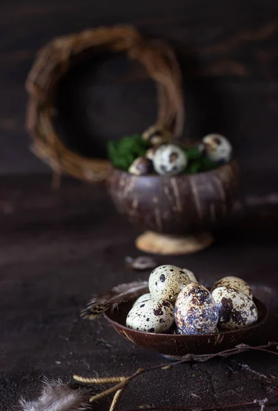 Alternative Easter Background Small Nest Quail Eggs Dark Brown Stone — Stock Photo, Image