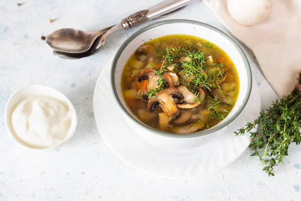 Homemade thick vegetarian mushroom soup with barley and vegetables with herbs in a ceramic bowl on a light grey stone background. Delicious cozy first course, comfort food. — Stock Image Homemade Thick Vegetarian Mushroom Soup Barley Vegetables Herbs Ceramic Bowl Stock Photo