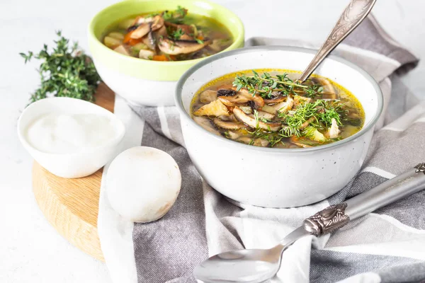 Homemade thick vegetarian mushroom soup with barley and vegetables with herbs in a ceramic bowl on a light grey stone background. Delicious cozy first course, comfort food. — Stock Image Homemade Thick Vegetarian Mushroom Soup Barley Vegetables Herbs Ceramic Bowl Royalty Free Stock Photos