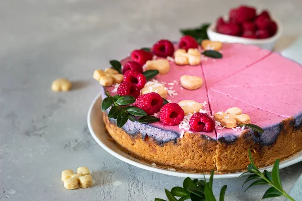 Raspberry Cream Mousse Cake Baked Cheesecake Decorated Fresh Raspberries Mini — Stock Photo, Image