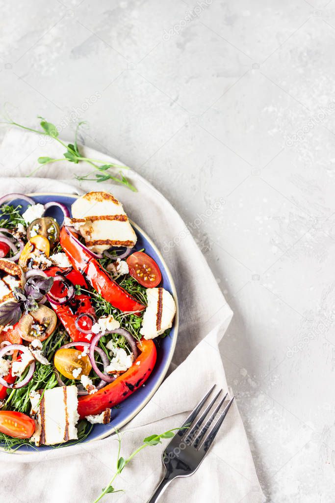 Grilled haloumi (halloumi) cheese salad witch tomato, baked pepper, micro green and onion on a blue plate. Keto diet, healthy food.