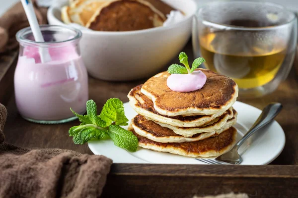 Wooden Tray Pancakes Yogurt Herbal Tea Mint Perfect Breakfast American — Stock Photo, Image