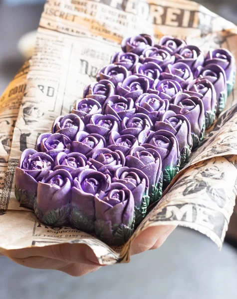 Handmade Craft Purple Chocolate Roses Made Filipino Superfood Yam Ube — Stock Photo, Image