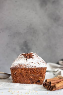 Baharatlı elma, fındık ve kurutulmuş yaban mersinli kek. Kağıt üzerinde pudra şekerle süslenmiş..