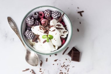 Donmuş ahududu, böğürtlen, çikolata ve naneli vanilyalı dondurma seramik kasede, açık gri arka plan.