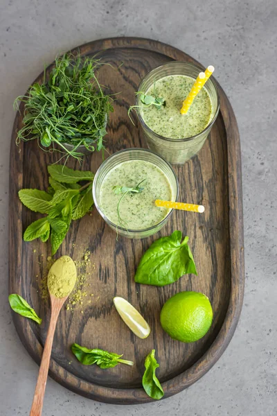 Café Manhã Saudável Com Smoothie Verde Com Chá Matcha Copos — Fotografia de Stock