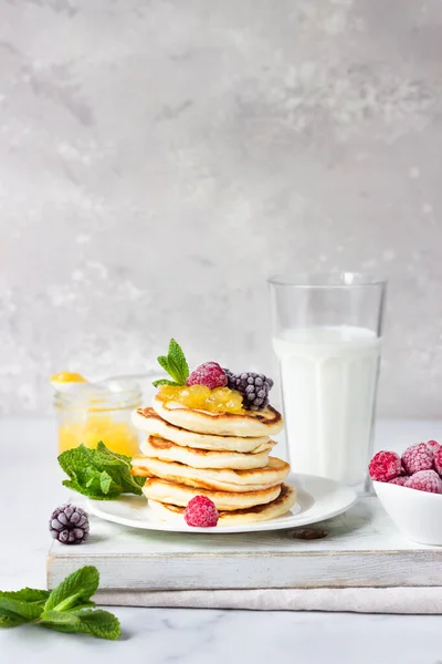 Homemade Pancakes Jam Frozen Raspberries Blackberries Mint Glass Milk Light — Stock Photo, Image