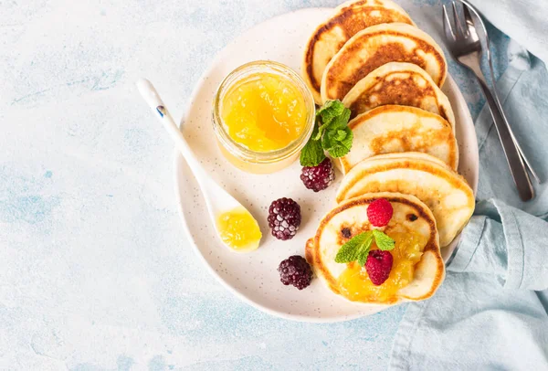Pancakes Orange Jam Frozen Berries Raspberries Blackberries Mint Light Blue — Stock Photo, Image
