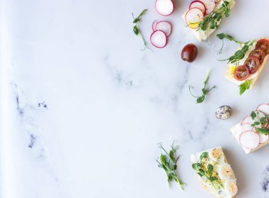 Açık gri arka planda bıldırcın yumurtalı, domatesli, turplu ve mikro yeşili olan çeşitli sandviçler. Parti başlangıcı ya da aperatif. Düz konum.